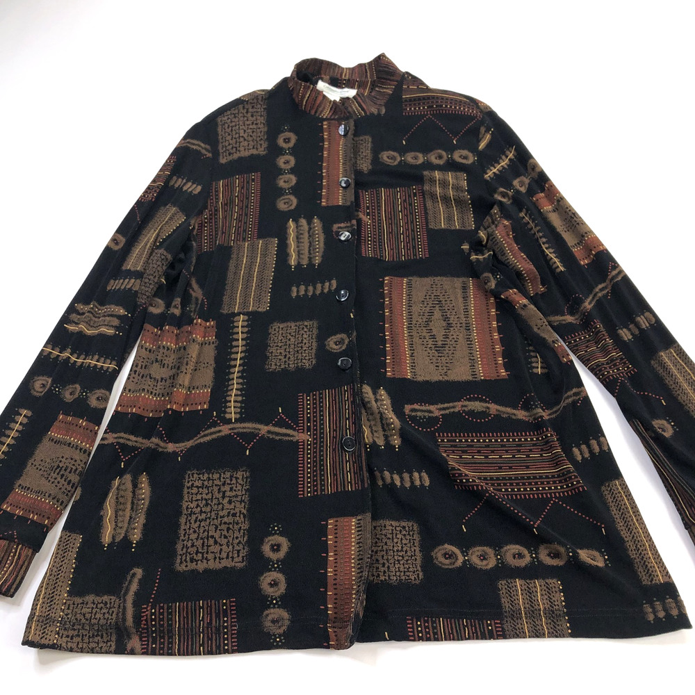 Coldwater Creek XL Acetate Slinky Wearable Art Button Patchwork Shirt Black
